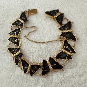 Vintage Amita Japanese Butterfly Damascene Black Gold Tone Bracelet